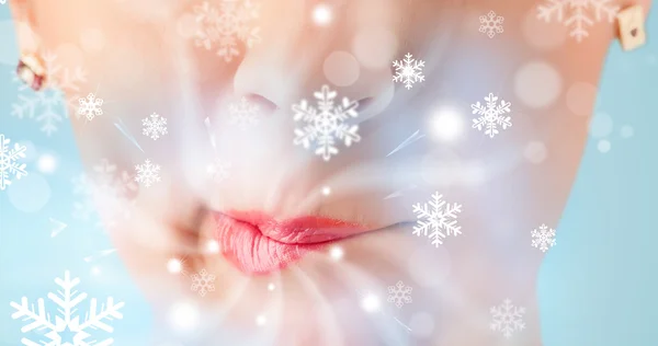 Pretty woman mouth blowing cold breeze — Stock Photo, Image