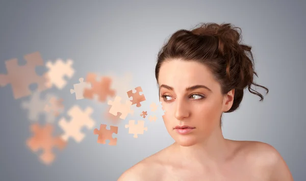 Pretty young girl with skin puzzle illustration — Stock Photo, Image