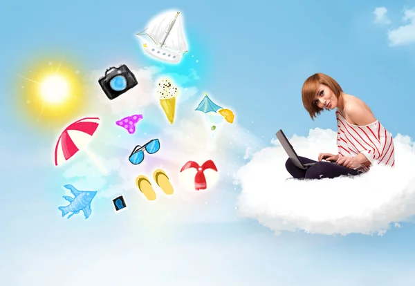 Young businessman sitting in cloud with laptop — Stock Photo, Image