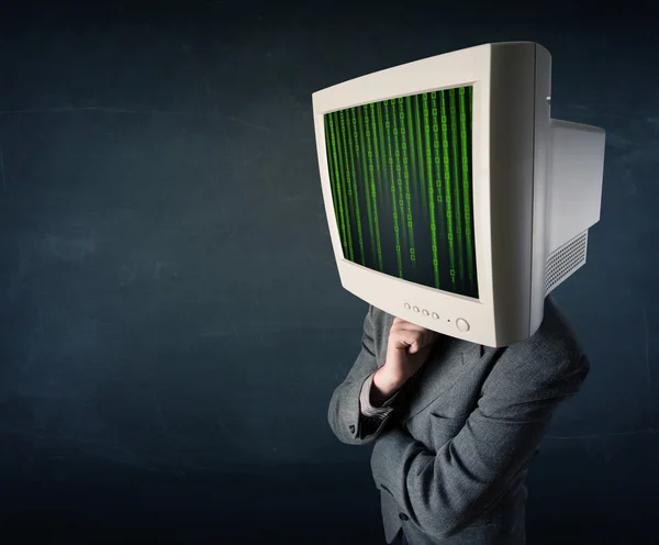 Cyber human with a monitor screen and computer code on the displ — Stock Photo, Image