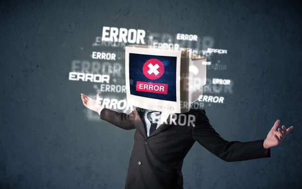 Business man with pc monitor on his head and error messages on t — Stock Photo, Image