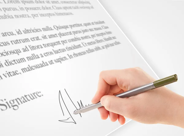 Hand writing personal signature on a paper form — Stock Photo, Image