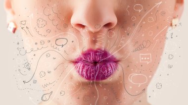 güzel kadın ağzı üfleme elle çizilmiş simgeler ve semboller