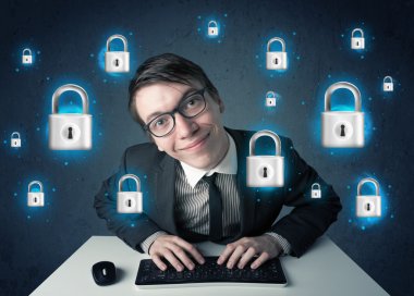 sanal kilit simgeleri ve simge ile genç hacker
