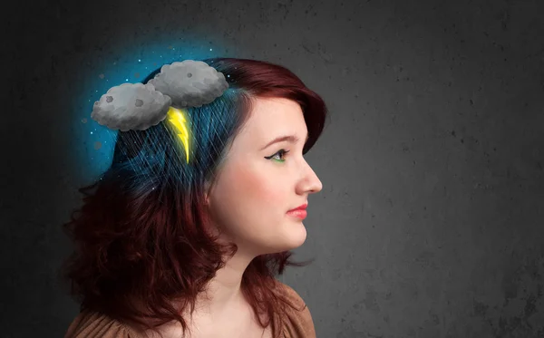 Young girl with thunderstorm lightning headache — Stock Photo, Image