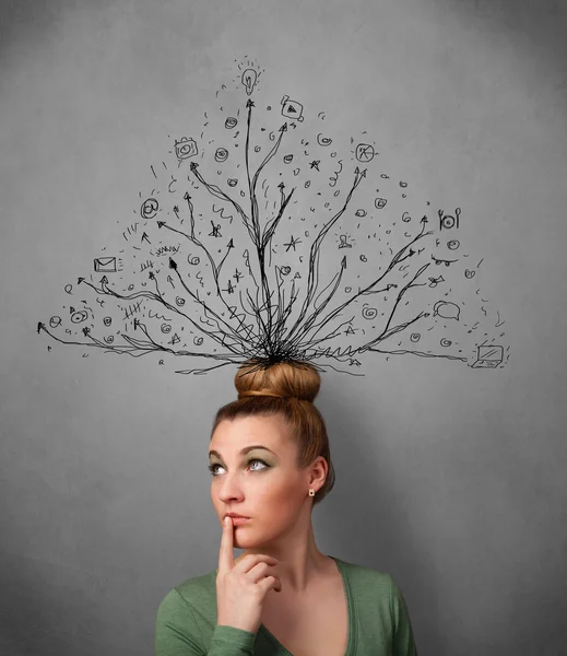 Young woman with tangled lines coming out of her head — Stock Photo, Image