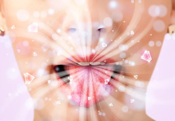 Beautiful girl mouth breathing abstract white lights and crystal — Stock Photo, Image