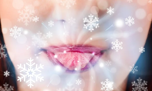 Pretty woman mouth blowing cold breeze — Stock Photo, Image