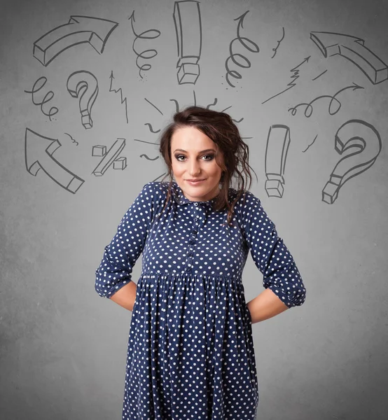 Carino giovane ragazza con domanda segno scarabocchi — Foto Stock