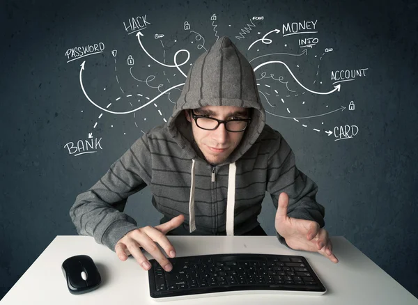 Young hacker with white drawn line thoughts — Stock Photo, Image