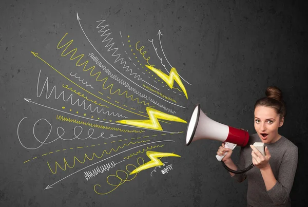 Cute girl shouting into megaphone with hand drawn lines and arro — Stock Photo, Image