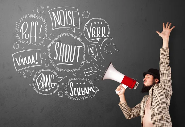 Guy in suit yelling into megaphone and hand drawn speech bubbles — Stock Photo, Image