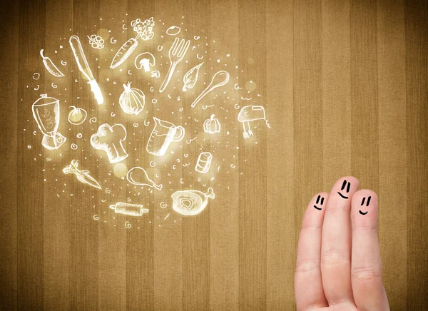 Vrolijke vinger glimlachen met voedsel en keuken hand getrokken pictogrammen — Stockfoto