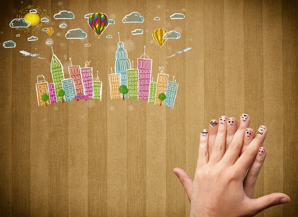 Felices dedos sonrientes mirando colorido paisaje urbano dibujado a mano — Foto de Stock
