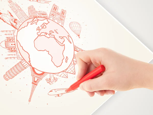 Hand drawing vacation trip around the earth with landmarks and c — Stock Photo, Image