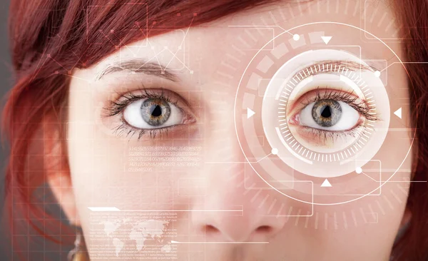 Cyber girl with technolgy eye looking — Stock Photo, Image