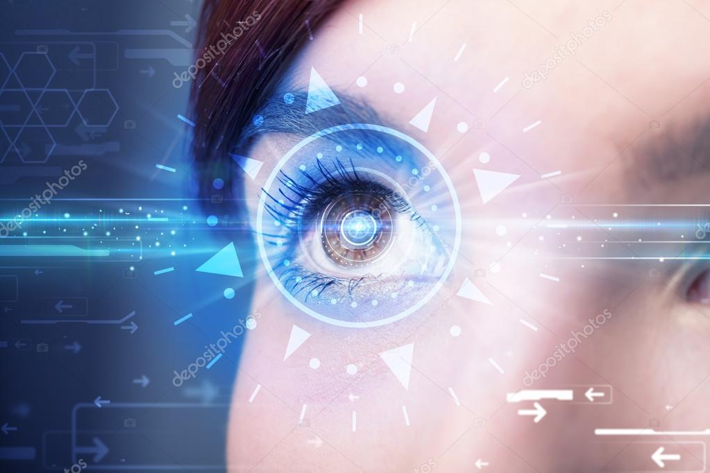Cyber girl with technolgy eye looking into blue iris