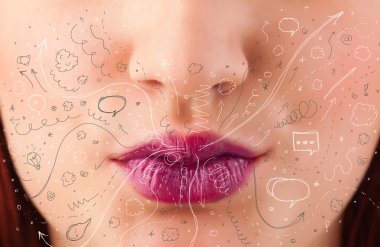 güzel kadın ağzı üfleme elle çizilmiş simgeler ve semboller