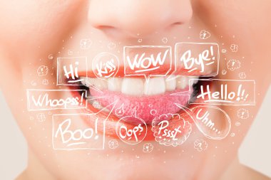 Beyaz baloncuklu güzel kırmızı dudaklar.