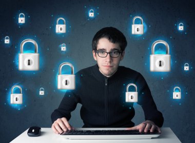 sanal kilit simgeleri ve simge ile genç hacker