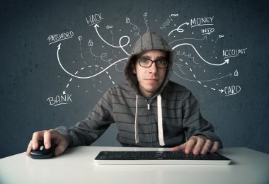 Beyaz çizgili düşünceleri olan genç bir hacker.