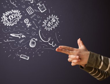 Silah şeklinde ellerden çıkan çizilmiş patlayıcılar.