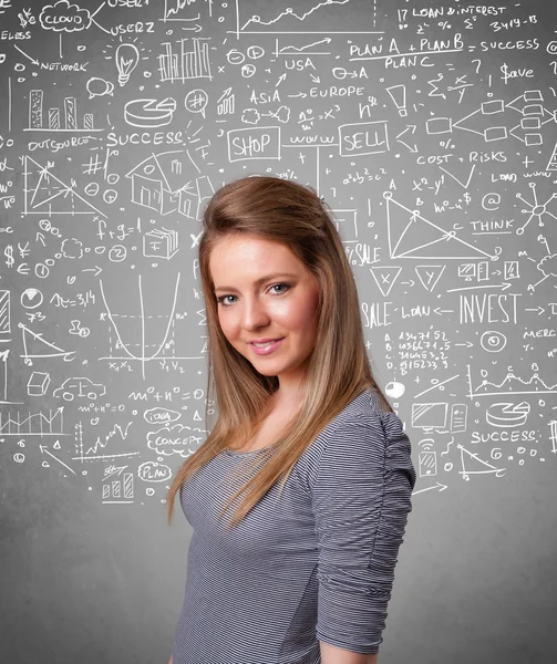 Junge hübsche Dame mit handgezeichneten Berechnungen und Symbolen — Stockfoto