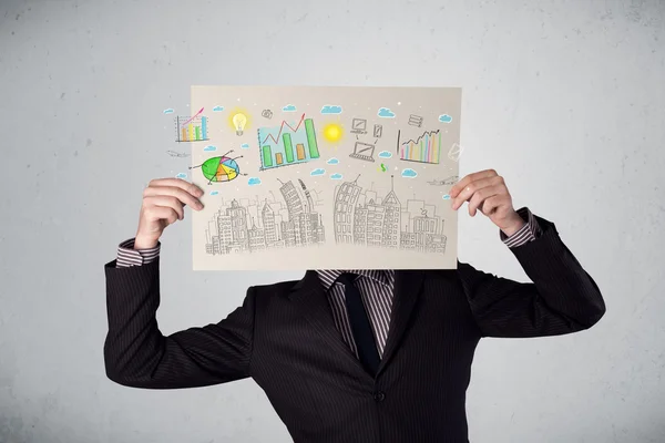 Businessman holding a paper with charts and cityscape in front o — Stock Photo, Image