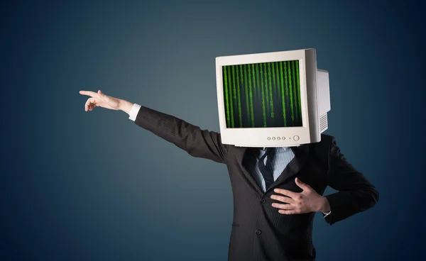 Cyber human with a monitor screen and computer code on the displ — Stock Photo, Image