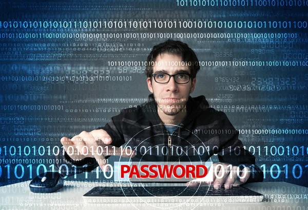 Young geek hacker stealing password — Stock Photo, Image