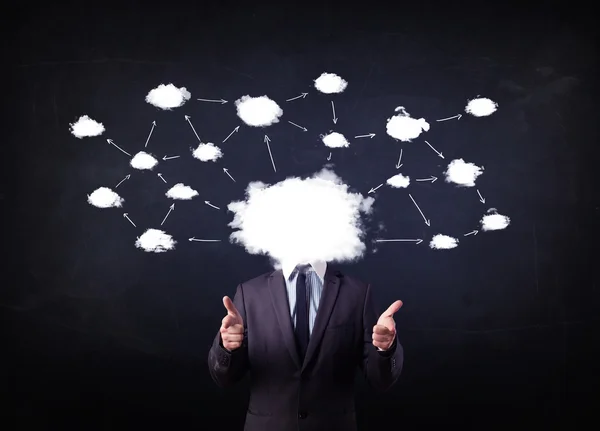 Business man with cloud network head — Stock Photo, Image