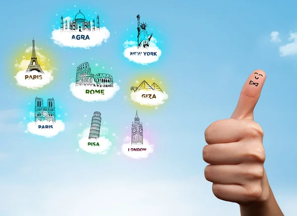 Cheerful finger smileys with sightseeing landmarks icons — Stock Photo, Image