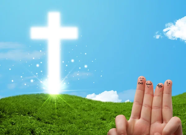 Happy finger smileys with christian religion cross — Stock Photo, Image