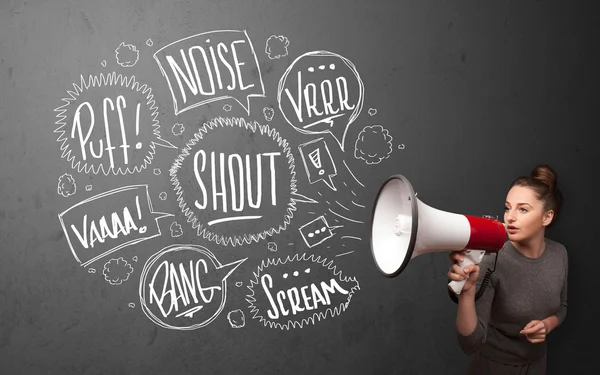 Girl yelling into megaphone and hand drawn speech bubbles come o — Stock Photo, Image