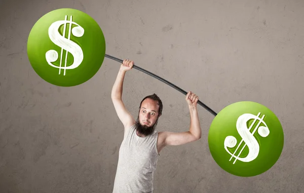 Sıska adam yeşil dolar işareti ağırlık kaldırma — Stok fotoğraf