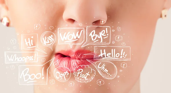 Beautiful red lips with white speech bubbles — Stock Photo, Image