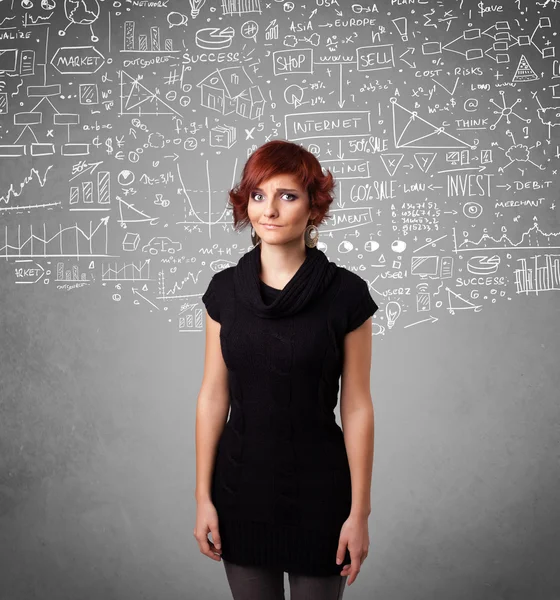 Young pretty lady with hand drawn calculations and icons — Stock Photo, Image