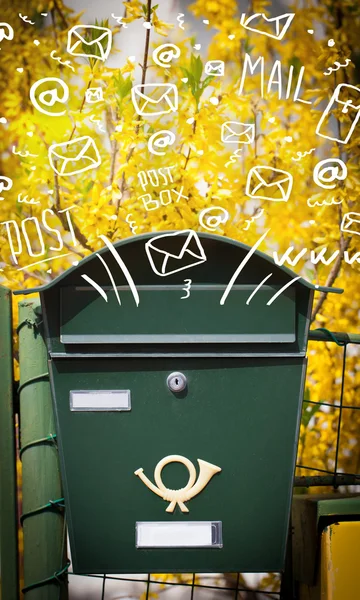 Postbox with white hand drawn mail icons — Stock Photo, Image