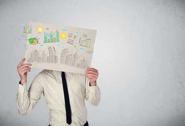 Businessman holding a paper with charts and cityscape in front o — Stock Photo, Image