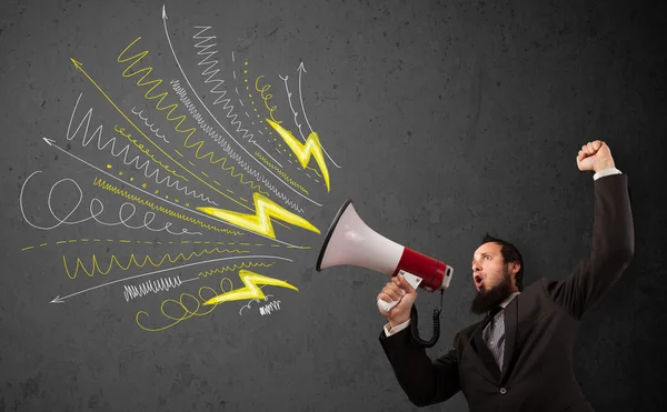 Leader guy shouting into megaphone with hand drawn lines and arr — Stock Photo, Image