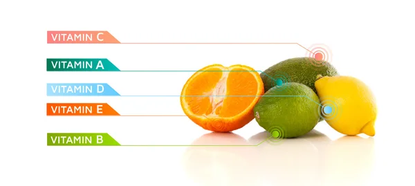 Fruits sains avec des symboles et des icônes vitaminés colorés — Photo
