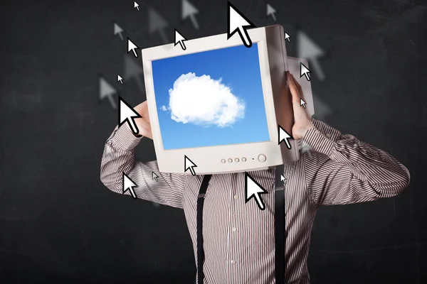 Geschäftsmann mit Monitor auf dem Kopf, Cloud-System und Pointer — Stockfoto