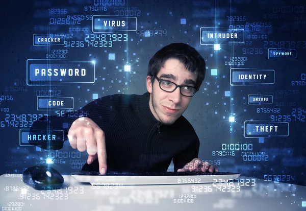 Hacker programing in technology enviroment with cyber icons — Stock Photo, Image