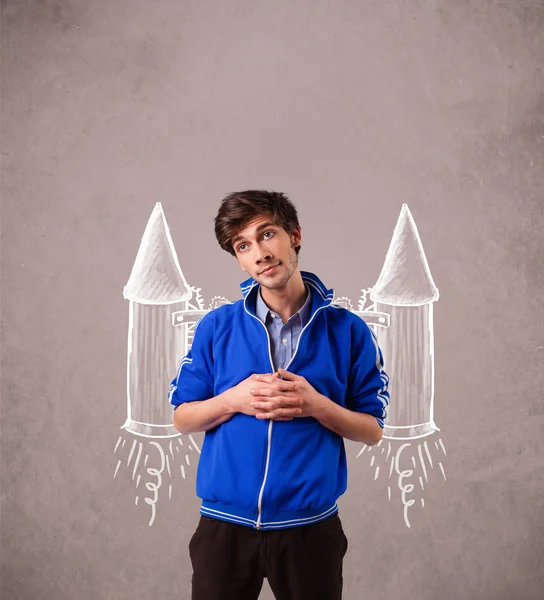 Cute man with jet pack rocket drawing illustration — Stock Photo, Image