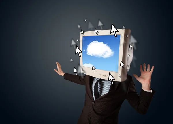 Geschäftsmann mit Monitor auf dem Kopf, Cloud-System und Pointer — Stockfoto