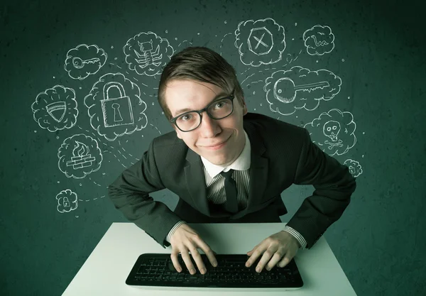 Young nerd hacker with virus and hacking thoughts — Stock Photo, Image