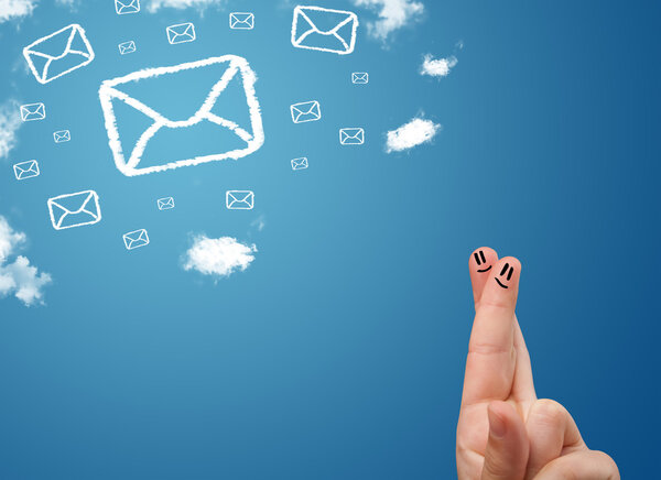 Happy smiley fingers looking at mail icons made out of clouds