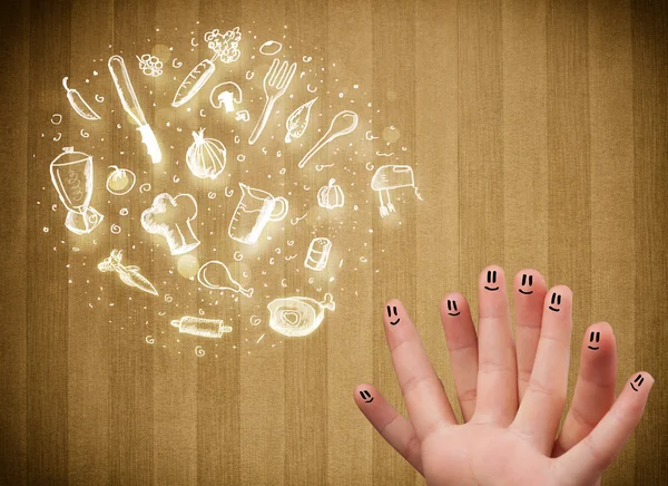 Fröhliche Finger-Smileys mit Essen und handgezeichneten Ikonen aus der Küche — Stockfoto