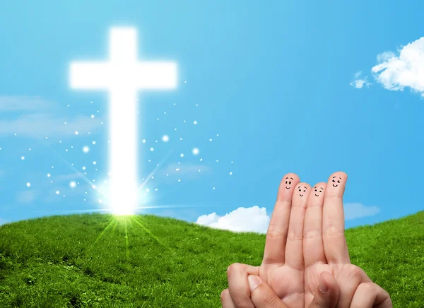 Happy finger smileys with christian religion cross — Stock Photo, Image