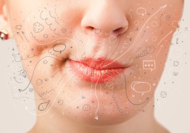 güzel kadın ağzı üfleme elle çizilmiş simgeler ve semboller